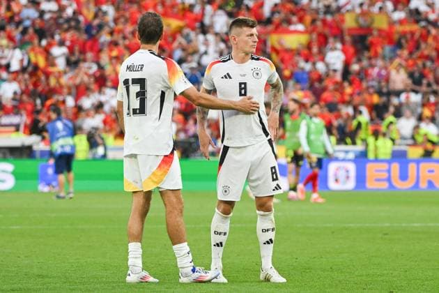 Soccer, Men, Season 2023 24, Euro EM 2024, Quarterfinals in Stuttgart, Spain Germany, Thomas Müller Mueller Germany and Toni Kroos Germany , 05 07 2024, Copyright: xMatthiasxKochx