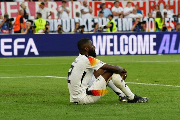 Germany s Antonio Ruediger reacts after losing against Spain in their UEFA EURO, EM, Europameisterschaft,Fussball 2024 s quarter-finals game at MHPArena stadium in Stuttgart, Germany, 05 July 2024. Spain vs. Germany !ACHTUNG: NUR REDAKTIONELLE NUTZUNG!  Copyright: xJ.JxGuillenx GRAF2369 20240705-55014072719_1