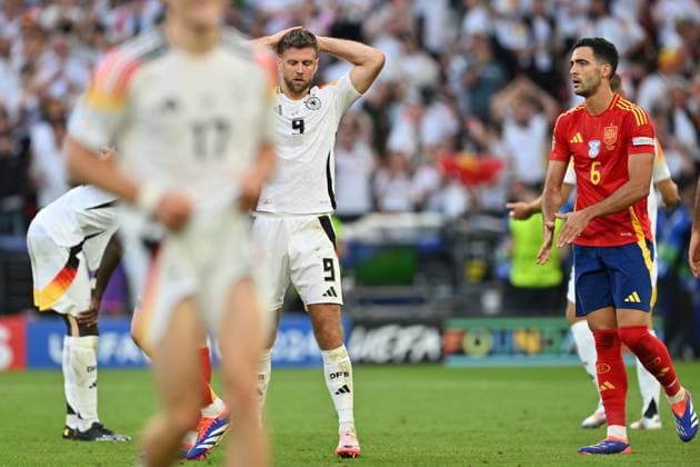 240705 EURO2024 SPAIN VS GERMANY Niclas Fullkrug (9) of Germany reacts during a soccer game between the national teams of Spain and Germany in the Quarter Final stage of the UEFA EURO, EM, Europameisterschaft,Fussball 2024 tournament , on Friday 5 July 2024 in Stuttgart , Germany . PHOTO SPORTPIX David Catry STUTTGART GERMANY  Copyright: xx 472136