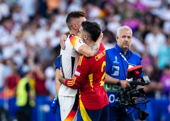 Stuttgart, MHPArena 05 07 2024 Daniel Carvajal of spain comforts Toni Kroos of germany during the quarterfinal match Spain v Germany at the UEFA European Championship 2024