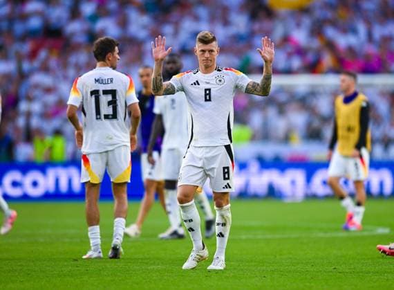 Toni Kroos Germany is disappointed and says goodbye to the fans, UEFA EURO 2024 Quarter final, Spain vs Germany, Arena Stuttgart on July 05, 2024 in Stuttgart, Germany Photo by Silas Schueller DeFodi Images Toni Kroos Germany looks dejected and says goodbye to the fans of Germany, UEFA EURO 2024 Quarter final, Spain vs Germany, Arena Stuttgart on July 5, 2024 in Stuttgart, Germany Photo by Silas Schueller DeFodi Images Defodi 738 738 GERESP 20240705 543 Defodi-738