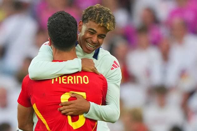 Spain s Mikel Merino and Spain s Lamine Yamal during the Euro 2024 soccer match between Spain and Germany at the Stuttgart Arena , Stuttgart , Germany - Friday 05 july 2024. - Soccer .  Copyright: xSpada LaPressex