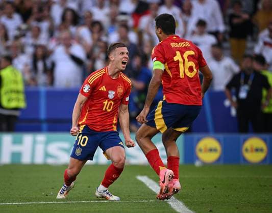 Football Euro 2024 quarter-finals 05 07 2024 Spain Germany FINAL CELEBRATION Spain Dani Olmo left and Rodri right