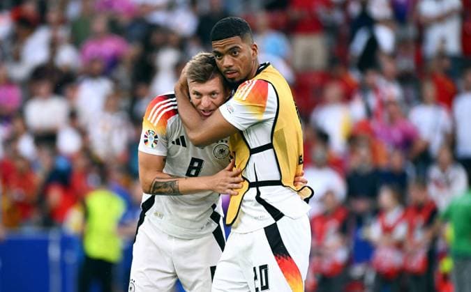 Football, European Championship, EURO 2024, Quarter-final, MHP Arena Stuttgart Spain Germany 2 1 n V Toni Kroos GER disappointed after the end of the match, together with Benjamin Henrichs GER Disappointment, frustration, action