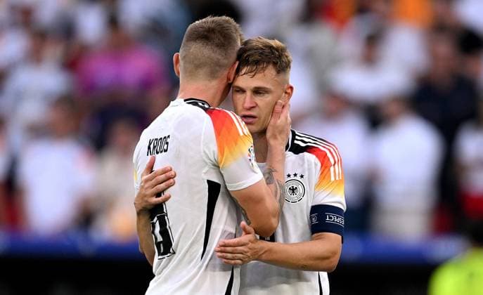 Football Euro 2024 quarter-finals 05 07 2024 Spain Germany Germanys disappointment at being eliminated from the tournament Toni Kroos with Joshua Kimmich left to right