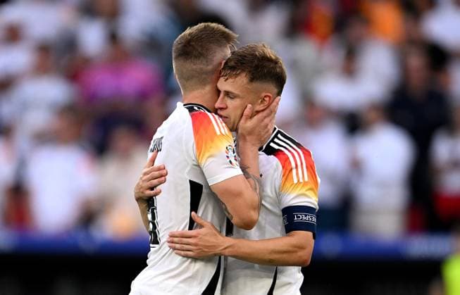 Football Euro 2024 quarter-finals 05 07 2024 Spain Germany Germanys disappointment at being eliminated from the tournament Toni Kroos with Joshua Kimmich left to right