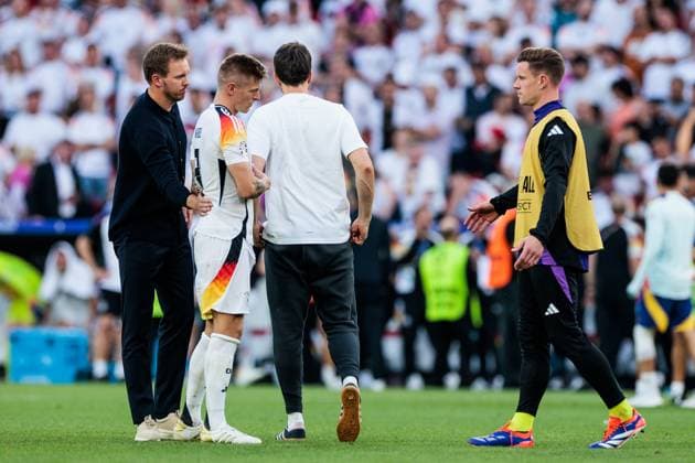 UEFA EURO 2024 Spain Germany 05 07 2024 Julian Nagelsmann coach, national coach Germany , Toni Kroos Germany, 8 , Marc Andre ter Stegen Germany, 22 UEFA EURO 2024 Spain Germany Stuttgart Arena, Stuttgart on 05 07 2024 Copyright: xBEAUTIFULxSPORTS Wunderlx