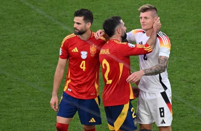 05 07 2024, xjhx, Football EM 2024 1 4 Final, Germany Spain emspor, v l Jose Ignacio Fernandez Iglesias Nacho Spain , Daniel Carvajal Ramos Spain , Toni Kroos Deutsche Fussball Nationalmannschaft DFB DFL DFB REGULATIONS PROHIBIT ANY USE OF PHOTOGRAPHS as IMAGE SEQUENCES and or QUASI VIDEO Stuttgart