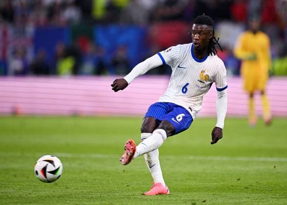 Russia Soccer Euro 2024 Portugal - France 8723188 05.07.2024 France s Eduardo Camavinga kicks the ball during the UEFA EURO, EM, Europameisterschaft,Fussball 2024 quarter final soccer match between Portugal and France at the Volksparkstadion in Hamburg, Germany. Alexey Filippov Sputnik Hamburg Germany  Copyright: xAlexeyxFilippovx