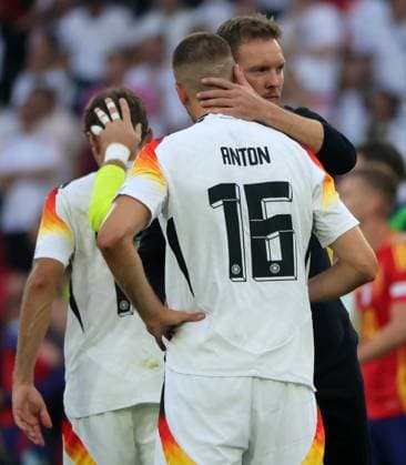 05 07 2024, European Football Championship, Germany quarter-final, against Spain, Stuttgart Football Arena, Sport, in the picture Waldemar Anton Germany and Julian Nagelsmann Germany after the match