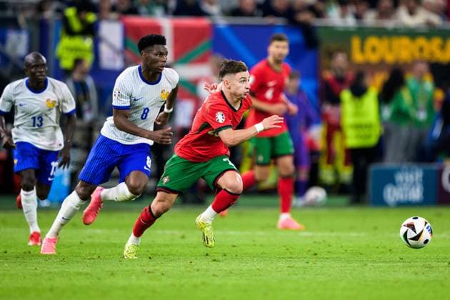 240705 AurÃ lien Tchouameni of France and Francisco Conceica of Portugal during the UEFA Euro 2024 Football Championship Quarterfinal between Portugal and France on July 5, 2024 in Hamburg Photo Jesper Zerman BILDBYRAN kod JZ JZ0551 fotboll, football, soccer, fotball, fotbolls em, europamästersk  Copyright: JESPERxZERMAN BB240705JZ100