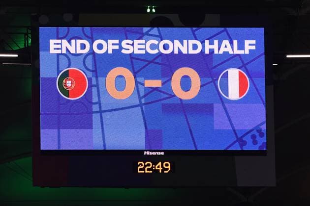 Soccer UEFA EURO 2024 Quarter Final Portugal France on 05 07 2024 at Volksparkstadion Hamburg in Hamburg Scoreboard Video Wall End of Second Half End of Second Half 0 0 xRx