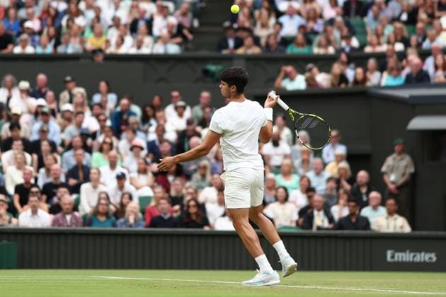 5th July 2024; All England Lawn Tennis and Croquet Club, London, England; Wimbledon Tennis Tournament, Day 5; Carlos Alcaraz (ESP) serves during his third round match against Frances Tiafoe (USA)  ActionPlus12664413 ShaunxBrooks