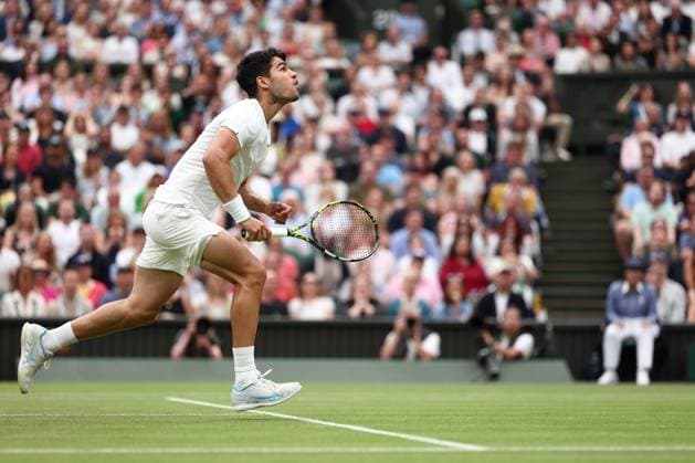 5th July 2024; All England Lawn Tennis and Croquet Club, London, England; Wimbledon Tennis Tournament, Day 5; Carlos Alcaraz (ESP) during his third round match against Frances Tiafoe (USA)  ActionPlus12664417 ShaunxBrooks