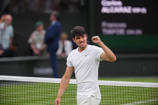 LONDON, ENGLAND - JULY 5: Carlos Alcaraz (ESP) celebrates during his Gentlemen s Singles Third Round match against Frances Tiafoe (USA) during day five of The Championships Wimbledon 2024 at All England Lawn Tennis and Croquet Club on July 5, 2024 in London, England  Copyright: xHiroshixSatox