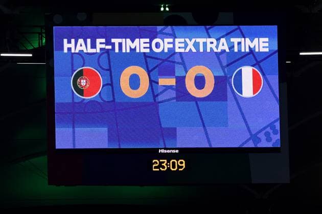 Soccer UEFA EURO 2024 quarter final Portugal France on 05 07 2024 at Volksparkstadion Hamburg in Hamburg scoreboard video wall 0 0 half time extra time xRx