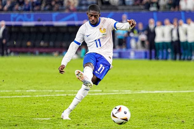 2024-07-05 Portugal v France - Quarter-Final - UEFA EURO, EM, Europameisterschaft,Fussball 2024 HAMBURG, GERMANY - JULY 5: Ousmane Dembele of France takes a penalty during the Quarter-Final - UEFA EURO 2024 match between Portugal and France at Volksparkstadion on July 5, 2024 in Hamburg, Germany. (Photo by Joris Verwijst BSR Agency) Hamburg Germany Content not available for redistribution in The Netherlands directly or indirectly through any third parties. Copyright: xBSRxAgencyx