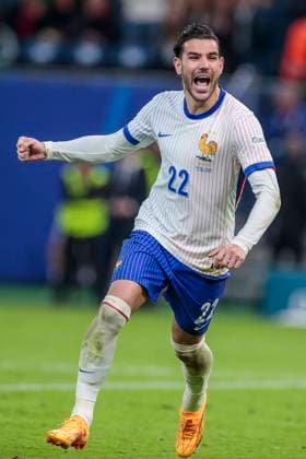 UEFA EURO 2024 Portugal France 05 07 2024 Theo Hernandez France, 22 celebrates after his penalty kick UEFA EURO 2024 quarter-final Portugal France Volksparkstadion Hamburg, Hamburg on 05 07 2024 Copyright: xBEAUTIFULxSPORTS Meuselx
