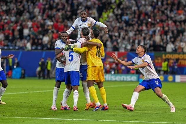 Euro 2024 Portugal France on 05 07 2024 at the Volksparkstadion in Hamburg Theo Hernandez 22 of France cheers Bachs victory MT