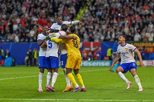Euro 2024 Portugal France on 05 07 2024 at the Volksparkstadion in Hamburg Theo Hernandez 22 of France cheers Bachs victory MT