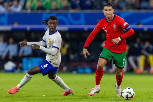 Portugal v France: Quarter-Final - UEFA EURO, EM, Europameisterschaft,Fussball 2024 Eduardo Camavinga, Cristiano Ronaldo are playing during the UEFA Euro 2024 Quarter-Final match between Portugal v France, at the stadium in Hamburg, Germany, on July 5, 2024. Hamburg Germany  Copyright: xAndrzejxIwanczukx originalFilename:iwanczuk-portugal240705_npy3j.jpg