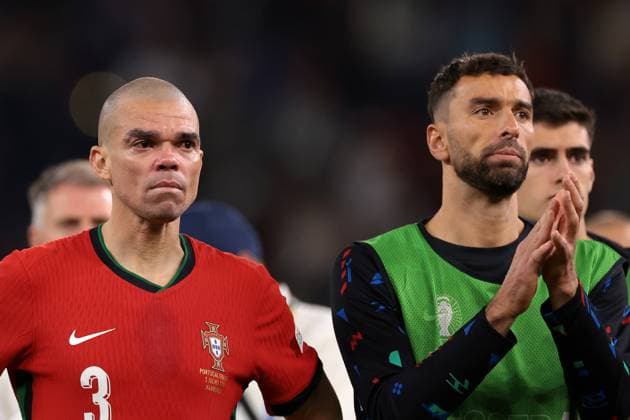 Hamburg, Germany, 5th July 2024. An emotional Pepe of Portugal fails to hold back the tears of disappointment followng the defeat in the penalty shoot out of the UEFA European Championships quarter final match at Volksparkstadion, Hamburg. Picture credit should read: Jonathan Moscrop Sportimage EDITORIAL USE ONLY. No use with unauthorised audio, video, data, fixture lists, club league logos or live services. Online in-match use limited to 120 images, no video emulation. No use in betting, games or single club league player publications. SPI-3219-0071