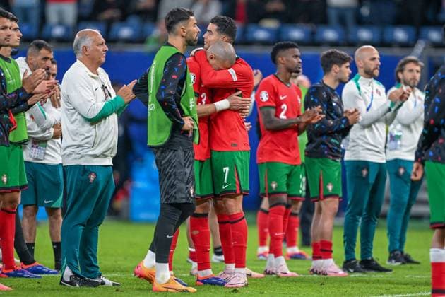 EM 2024 Portugal France on 05 07 2024 at the Volksparkstadion in Hamburg Pepe 3 of Portugal and Cristiano Ronaldo 7 of Portugal reacts MT