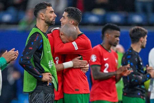EM 2024 Portugal France on 05 07 2024 at the Volksparkstadion in Hamburg Pepe 3 of Portugal and Cristiano Ronaldo 7 of Portugal reacts MT