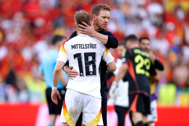 NAGELSMANN Julian Coach Team Germany after the match with MITTELSTAEDT Maximilian UEFA Football EURO 2024 in Germany Quarterfinals Spain Germany 2 1 on 05 07 2024 in Stuttgart DFL REGULATIONS PROHIBIT ANY USE OF PHOTOGRAPHS as IMAGE SEQUENCES and or QUASI VIDEO Copyright: xLacixPerenyix