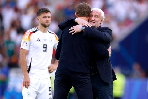 NAGELSMANN Julian Trainer Team Germany after the match with VOELLER Rudi DFB Sportvorstand UEFA Fussball EURO 2024 in Deutschland Viertelfinale Spanien Deutschland 2 1 am 05 07 2024 in Stuttgart DFL REGULATIONS PROHIBIT ANY USE OF PHOTOGRAPHS as IMAGE SEQUENCES and or QUASI VIDEO Copyright: xLacixPerenyix