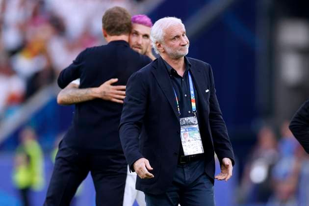 NAGELSMANN Julian Trainer Team Germany after the match with VOELLER Rudi DFB Sportvorstand UEFA Fussball EURO 2024 in Deutschland Viertelfinale Spanien Deutschland 2 1 am 05 07 2024 in Stuttgart DFL REGULATIONS PROHIBIT ANY USE OF PHOTOGRAPHS as IMAGE SEQUENCES and or QUASI VIDEO Copyright: xLacixPerenyix