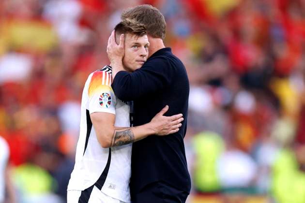 NAGELSMANN Julian Coach Team Germany after the match with KROOS Toni UEFA Football EURO 2024 in Germany Quarterfinals Spain Germany 2 1 on 05 07 2024 in Stuttgart DFL REGULATIONS PROHIBIT ANY USE OF PHOTOGRAPHS as IMAGE SEQUENCES and or QUASI VIDEO Copyright: xLacixPerenyix