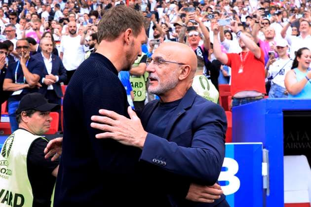 NAGELSMANN Julian Coach Team Germany with Coach DE LA FUENTE UEFA Football EURO 2024 in Germany Quarterfinals Spain Germany 2 1 on 05 07 2024 in Stuttgart DFL REGULATIONS PROHIBIT ANY USE OF PHOTOGRAPHS as IMAGE SEQUENCES and or QUASI VIDEO Copyright: xLacixPerenyix
