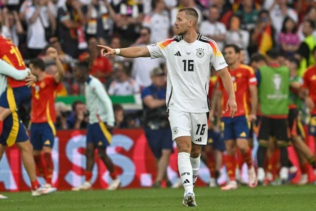 Waldemar Anton 16 Germany Gestures gestures gestures after the goal to 2 1 of the Spaniards by Mikel Merino 6 Spain 05 07 2024 European Football Championship in Germany Spain vs Germany , Neckarpark Stadion, Stuttgart, Baden Württemberg Germany Copyright: xpepphotox xHorstxMauelshagenx pep00321, pep_20240705_hm