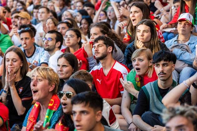 July 5, 2024, Porto, Portugal: Portugal fans react while watching the Portugal vs France match on a giant outdoor screen at Amor de Perdicao square in Porto downtown. France wins in penalty shootout, advances to semifinals. Porto Portugal - ZUMAs197 20240705_aaa_s197_300 Copyright: xDiogoxBaptistax