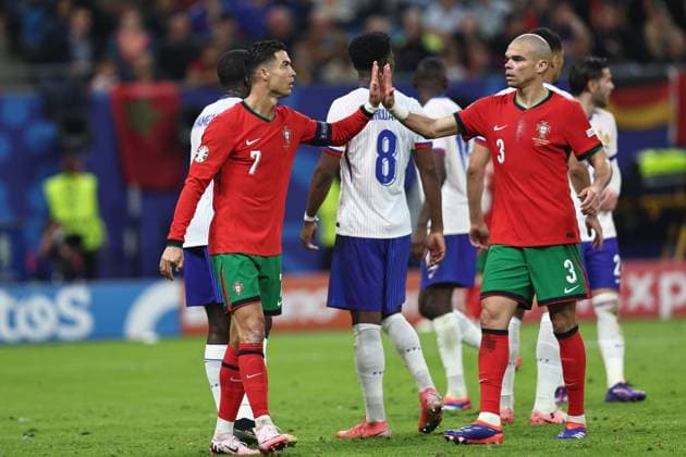 Cristiano Ronaldo (Portugal) Pepe Kepler Laveran de Lima Ferreira (Portugal) during the UEFA EURO, EM, Europameisterschaft,Fussball Germany 2024 match between Portugal 4-5 France at Volkspakstadion on July 05, 2024 in Hamburg , Germany. Noxthirdxpartyxsales  (258789809)