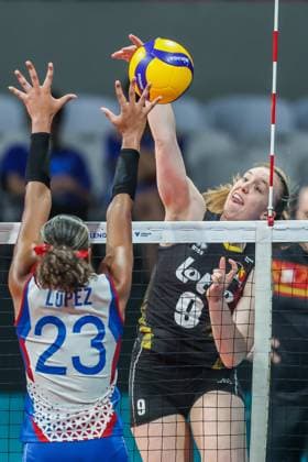 (240706) -- MANILA, July 6, 2024 -- Nel Demeyer (R) of Belgium spikes the ball during the match between Puerto Rico and Belgium at the FIVB Women s Volleyball Challenger Cup 2024 in Manila, the Philippines, on July 6, 2024. ) (SP)PHILIPPINES-MANILA-VOLLEYBALL-FIVB WOMEN S CHALLENGER CUP 2024-PUERTO RICO VS BELGIUM ROUELLExUMALI 