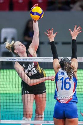 (240706) -- MANILA, July 6, 2024 -- Pauline Martin (L) of Belgium spikes the ball during the match between Puerto Rico and Belgium at the FIVB Women s Volleyball Challenger Cup 2024 in Manila, the Philippines, on July 6, 2024. ) (SP)PHILIPPINES-MANILA-VOLLEYBALL-FIVB WOMEN S CHALLENGER CUP 2024-PUERTO RICO VS BELGIUM ROUELLExUMALI 