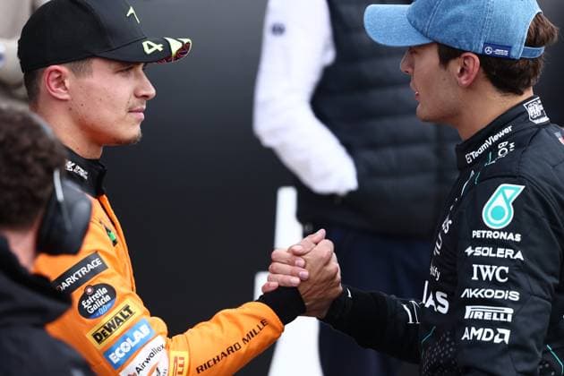 F1 British Grand Prix 2024 Qualifying Lando Norris of McLaren and George Russell of Mercedes after qualifying ahead of the Formula 1 British Grand Prix at Silverstone Circuit in Northampton, Great Britain on July 6, 2024. Northampton United Kingdom  Copyright: xJakubxPorzyckix originalFilename:porzycki-f1britis240706_npEhg.jpg