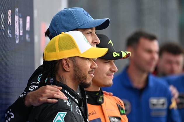 6th July 2024; Silverstone Circuit, Northamptonshire, England; Formula 1 2024 Qatar Airways British F1 Grand Prix; Qualifying Day; the top 3 qualifiers pose for photos, first George Russell (63) of Mercedes, second Lewis Hamilton (44) of Mercedes and third Lando Norris (4) of McLaren  ActionPlus12664982 SimonxWest