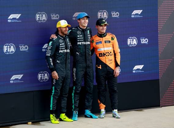 44 Lewis Hamilton GBR, Mercedes AMG Petronas F1 Team , 63 George Russell GBR, Mercedes AMG Petronas F1 Team , 4 Lando Norris GBR, McLaren Formula 1 Team , F1 Grand Prix of Great Britain at Silverstone Circuit on July 6, 2024 in Silverstone, Great Britain Photo by HOCH ZWEI Silverstone Great Britain