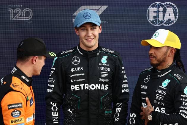 F1 British Grand Prix 2024 Qualifying Lando Norris of McLaren, George Russell and Lewis Hamilton of Mercedes after qualifying ahead of the Formula 1 British Grand Prix at Silverstone Circuit in Northampton, Great Britain on July 6, 2024. Northampton United Kingdom  Copyright: xJakubxPorzyckix originalFilename:porzycki-f1britis240706_npATt.jpg