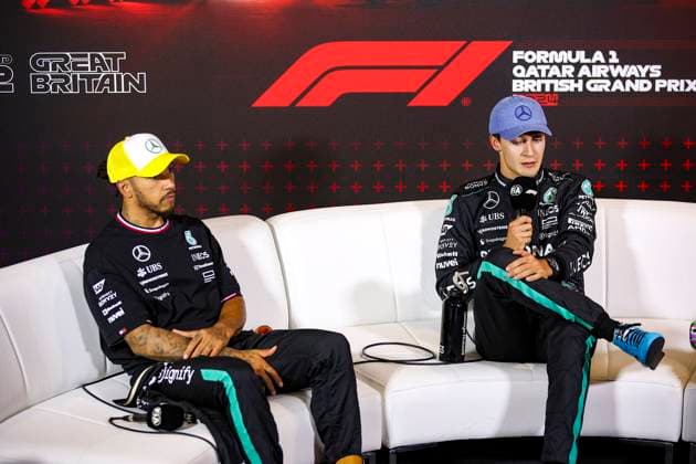 HAMILTON Lewis (gbr), Mercedes AMG F1 Team W15 and RUSSELL George (gbr), Mercedes AMG F1 Team W15, portrait, press conference, PK, Pressekonferenz during the Formula 1 Qatar Airways British Grand Prix 2024, 12th round of the 2024 Formula One World Championship, WM, Weltmeisterschaft from July 5 to 7, 2024 on the Silverstone Circuit, in Silverstone, United Kingdom - F1 - BRITISH GRAND PRIX 2024 DPPI Panoramic 240706_R12_GRAN_BRETAGNA_DP_EA020463