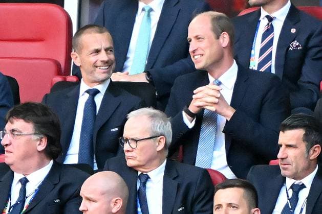 Duesseldorf, Duesseldorf Arena, 06 07 24, GER, Men, UEFA EURO 2024, Quarterfinals England Switzerland Picture from left UEFA President Aleksandr CEFERIN and Prince William England Only for editorial use UEFA regulations prohibit any use of photographs as image sequences and or quasi video Nordrhein Westfalen Germany