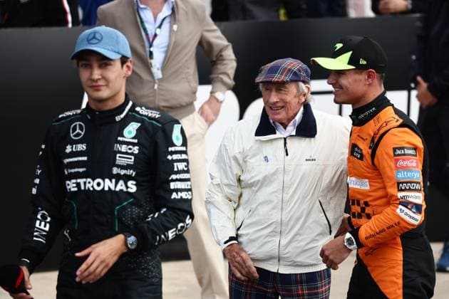 F1 British Grand Prix 2024 Qualifying George Russell of Mercedes, Jackie Stewart and Lando Norris of McLaren after qualifying ahead of the Formula 1 British Grand Prix at Silverstone Circuit in Northampton, Great Britain on July 6, 2024. London United Kingdom  Copyright: xJakubxPorzyckix originalFilename:porzycki-f1britis240706_np9z5.jpg