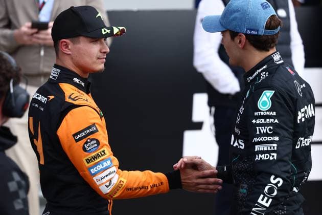 F1 British Grand Prix 2024 Qualifying Lando Norris of McLaren and George Russell of Mercedes after qualifying ahead of the Formula 1 British Grand Prix at Silverstone Circuit in Northampton, Great Britain on July 6, 2024. London United Kingdom  Copyright: xJakubxPorzyckix originalFilename:porzycki-f1britis240706_npgBO.jpg