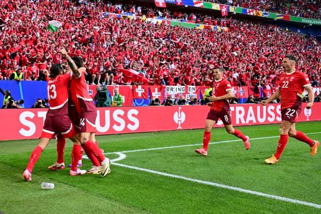 Goal celebration for 0 1 by Breel Embolo 7 Switzerland , England Switzerland, Football, UEFA Euro 2024, Quarter-final, 06 07 2024 Düsseldorf North Rhine-Westphalia Germany Copyright: xkolbert-press MarcxNiemeyerx