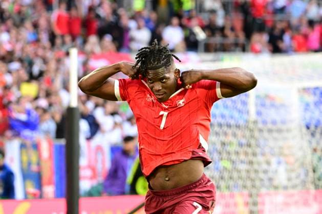 Goal celebration for 0 1 by Breel Embolo 7 Switzerland , England Switzerland, Football, UEFA Euro 2024, Quarter-final, 06 07 2024 Düsseldorf North Rhine-Westphalia Germany Copyright: xkolbert-press MarcxNiemeyerx