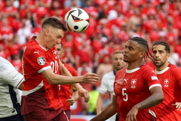 Michel Aebischer Switzerland, 20 with Manuel Akanji Switzerland, 05 , Football, UEFA , European Championship, Quarterfinals 2024, England vs Switzerland, 06 07 2024, Duesseldorf Arena, Duesseldorf, Germany Duesseldorf Duesseldorf Arena Nordrhein Westfalen Germany Copyright: xGrantxHubbsx