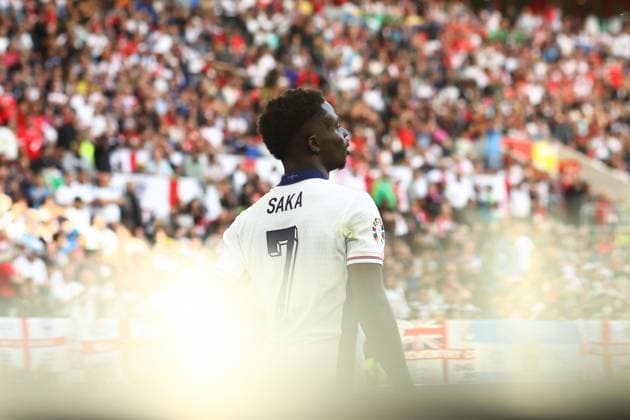 England gegen die Schweiz 6. Juli 2024, Düsseldorf UEFA EUROs Viertelfinale England gegen die Schweiz Bukayo Saka von England Foto Charlotte Wilson Abseits Düsseldorf Deutschland  Copyright: xCharlottexWilsonx xOffsidexOffside